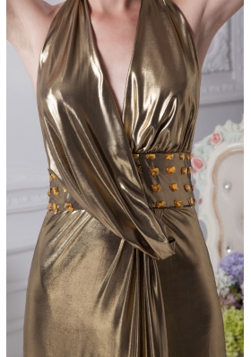 Halter Top Ankle-length Backless Prom Dresses with Beaded Belt