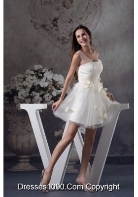 Hand Made Flowers Short Tulle Bridal Dresses with Assymetricl Straps