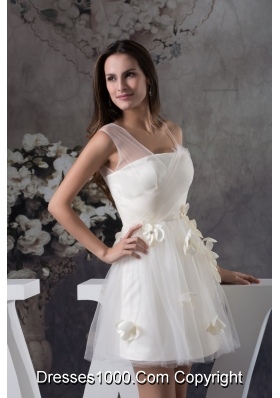 Hand Made Flowers Short Tulle Bridal Dresses with Assymetricl Straps