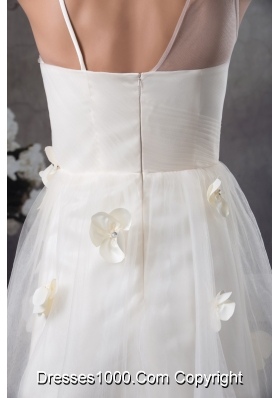 Hand Made Flowers Short Tulle Bridal Dresses with Assymetricl Straps