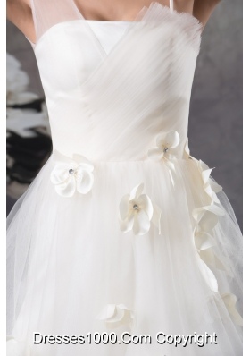 Hand Made Flowers Short Tulle Bridal Dresses with Assymetricl Straps