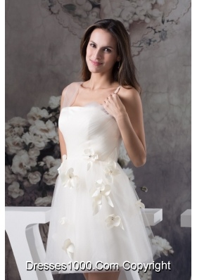 Hand Made Flowers Short Tulle Bridal Dresses with Assymetricl Straps