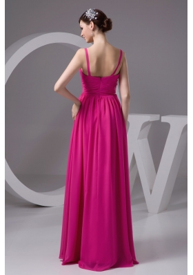 Hot Pink V-neck Chiffon Floor-length Prom Gown Dress in Hot Pink
