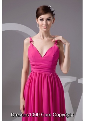 Hot Pink V-neck Chiffon Floor-length Prom Gown Dress in Hot Pink