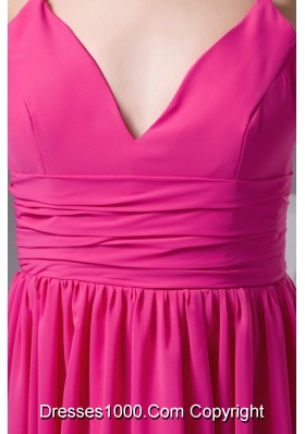 Hot Pink V-neck Chiffon Floor-length Prom Gown Dress in Hot Pink