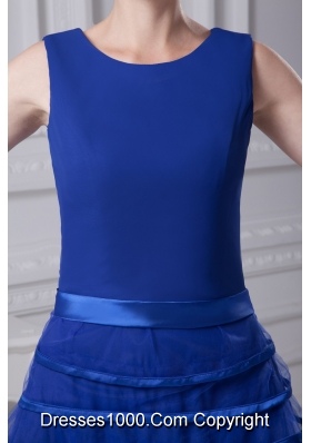 Layers Scoop Princess Chiffon Prom Gowns in Blue with Sash