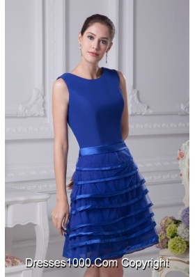 Layers Scoop Princess Chiffon Prom Gowns in Blue with Sash