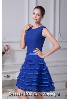 Layers Scoop Princess Chiffon Prom Gowns in Blue with Sash
