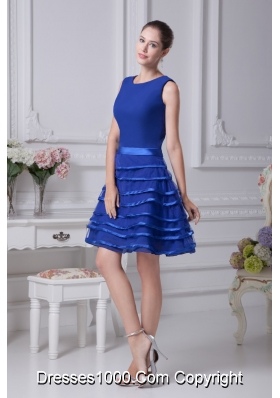 Layers Scoop Princess Chiffon Prom Gowns in Blue with Sash