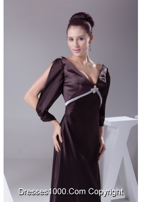 Modest Dark Purple V-neck Prom Dresses with Long Sleeves