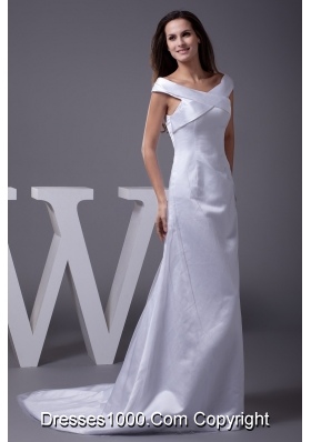 Off The Shoulder Sheath Brush Train Bridal Dresses with Zipper-up Back