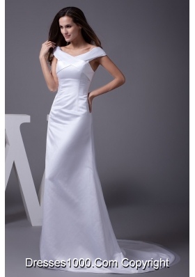 Off The Shoulder Sheath Brush Train Bridal Dresses with Zipper-up Back