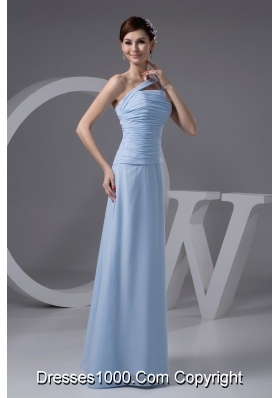 One Shoulder Ruched Long Chiffon Prom Gown Dress in Light Blue
