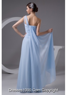 One Shoulder Ruched Long Chiffon Prom Gown Dress in Light Blue