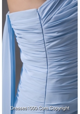 One Shoulder Ruched Long Chiffon Prom Gown Dress in Light Blue