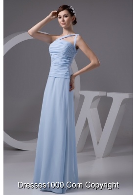 One Shoulder Ruched Long Chiffon Prom Gown Dress in Light Blue