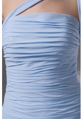One Shoulder Ruched Long Chiffon Prom Gown Dress in Light Blue