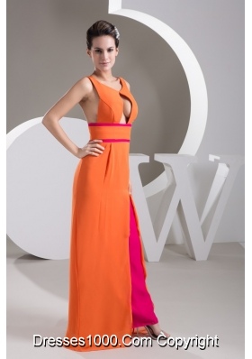 Orange V-neck Floor-length Prom Gown Dress with Cutout for Cheap