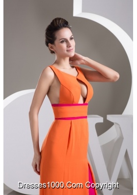 Orange V-neck Floor-length Prom Gown Dress with Cutout for Cheap