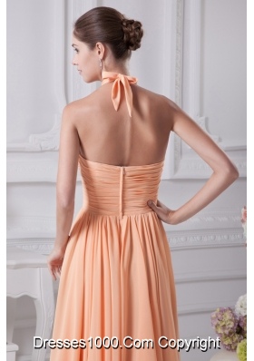 Peach Beading and Ruching Decorated Halter Top Prom Dresses