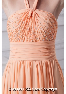 Peach Beading and Ruching Decorated Halter Top Prom Dresses