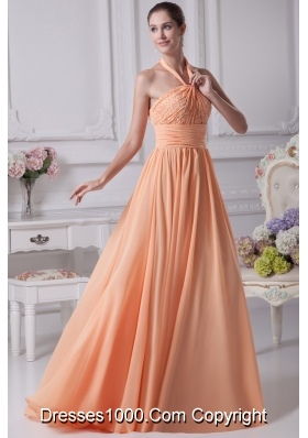 Peach Beading and Ruching Decorated Halter Top Prom Dresses