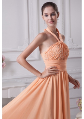 Peach Beading and Ruching Decorated Halter Top Prom Dresses