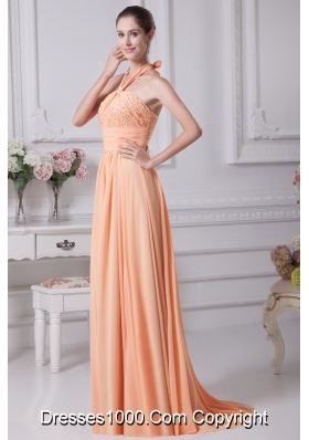 Peach Beading and Ruching Decorated Halter Top Prom Dresses
