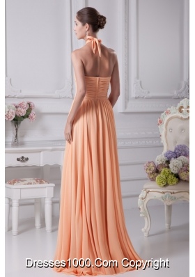 Peach Beading and Ruching Decorated Halter Top Prom Dresses