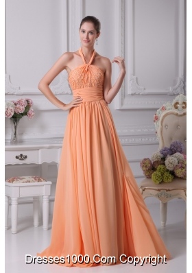 Peach Beading and Ruching Decorated Halter Top Prom Dresses