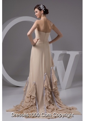 Pleated Ruffles Accent Brush Prom Evening Dress in Wheat Color