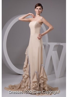 Pleated Ruffles Accent Brush Prom Evening Dress in Wheat Color