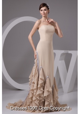 Pleated Ruffles Accent Brush Prom Evening Dress in Wheat Color