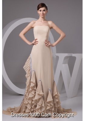 Pleated Ruffles Accent Brush Prom Evening Dress in Wheat Color
