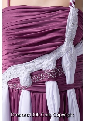 Purple and White Floor-length Chiffon Ruched Prom Gown Dress