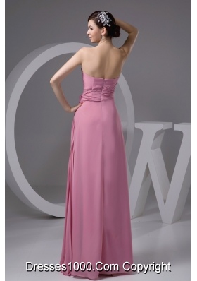 Rose Pink Chiffon Strapless Long Prom Gown Dress with Ribbon