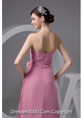Rose Pink Chiffon Strapless Long Prom Gown Dress with Ribbon