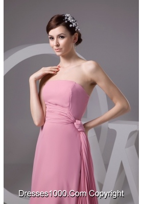 Rose Pink Chiffon Strapless Long Prom Gown Dress with Ribbon