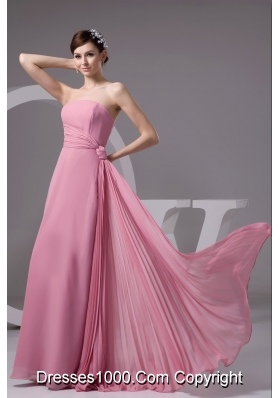 Rose Pink Chiffon Strapless Long Prom Gown Dress with Ribbon