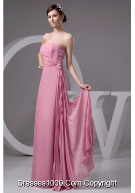 Rose Pink Chiffon Strapless Long Prom Gown Dress with Ribbon