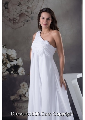 Ruche and Handle Flowers One Shoudler Court Train Bridal Dresses in White