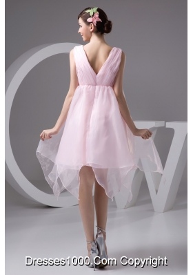 Ruched and Appliqued Pink V-neck Prom Evening Dress for Cheap