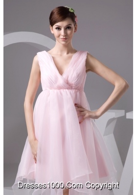 Ruched and Appliqued Pink V-neck Prom Evening Dress for Cheap