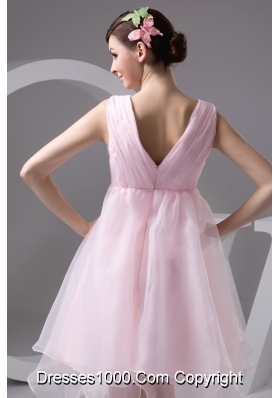 Ruched and Appliqued Pink V-neck Prom Evening Dress for Cheap