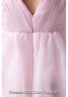 Ruched and Appliqued Pink V-neck Prom Evening Dress for Cheap