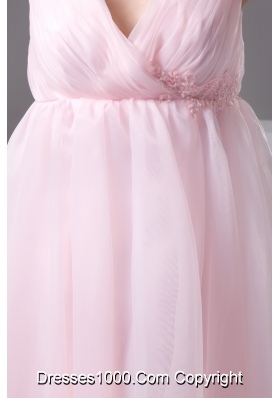 Ruched and Appliqued Pink V-neck Prom Evening Dress for Cheap