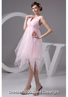 Ruched and Appliqued Pink V-neck Prom Evening Dress for Cheap