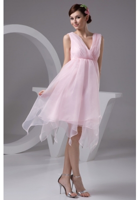 Ruched and Appliqued Pink V-neck Prom Evening Dress for Cheap