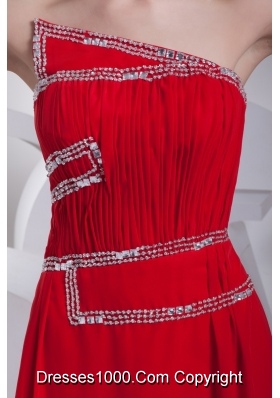 Ruching and Beading Red Prom Gowns with Asymmetrical Neckline