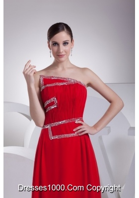 Ruching and Beading Red Prom Gowns with Asymmetrical Neckline